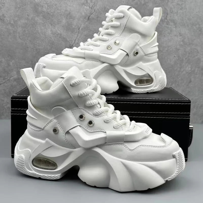 Chunky Sneakers Men Korean Style Trend HighTop Casual Shoes White Adds Height Non-slip Vulcanize Shoes Cushioning Platform Shoes