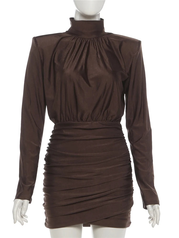 Nibber Classic Turtleneck Dress Women Shoulder Padded Ruched Sexy Office Commute Simple Peach Hip Skinny Elegant Mini Bodycon