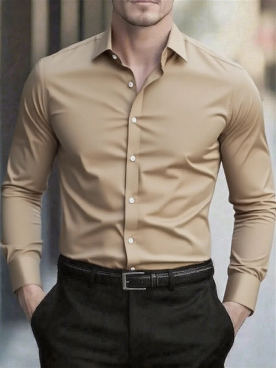High quality men's solid color long sleeve business shirt, no need to iron, high quality social dress formal casual two use