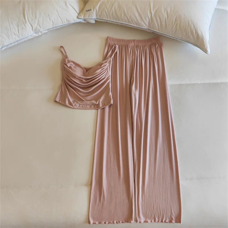 Sexy Lingerie Trousers Sets New Modal Sleepwear Women's Spring Summer Camisole Pants Two-piece Set Chest Pad Home Wear Pajamas