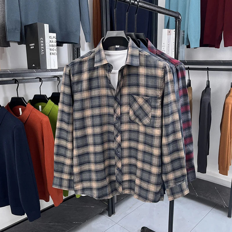 2025 Autumn New Men's Printed Striped Long Sleeved Shirt Casual Fashion Versatile Men's Top