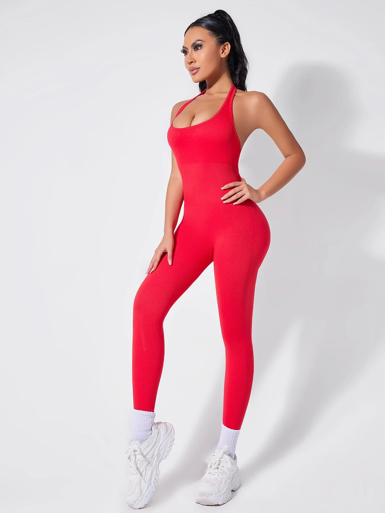 Square Neck Backless Yoga Jumpsuit High Waist Seamless Nudity Ultra Stretch Women Gym Sportswear Summer Rompers Ribbed Jumpsuit