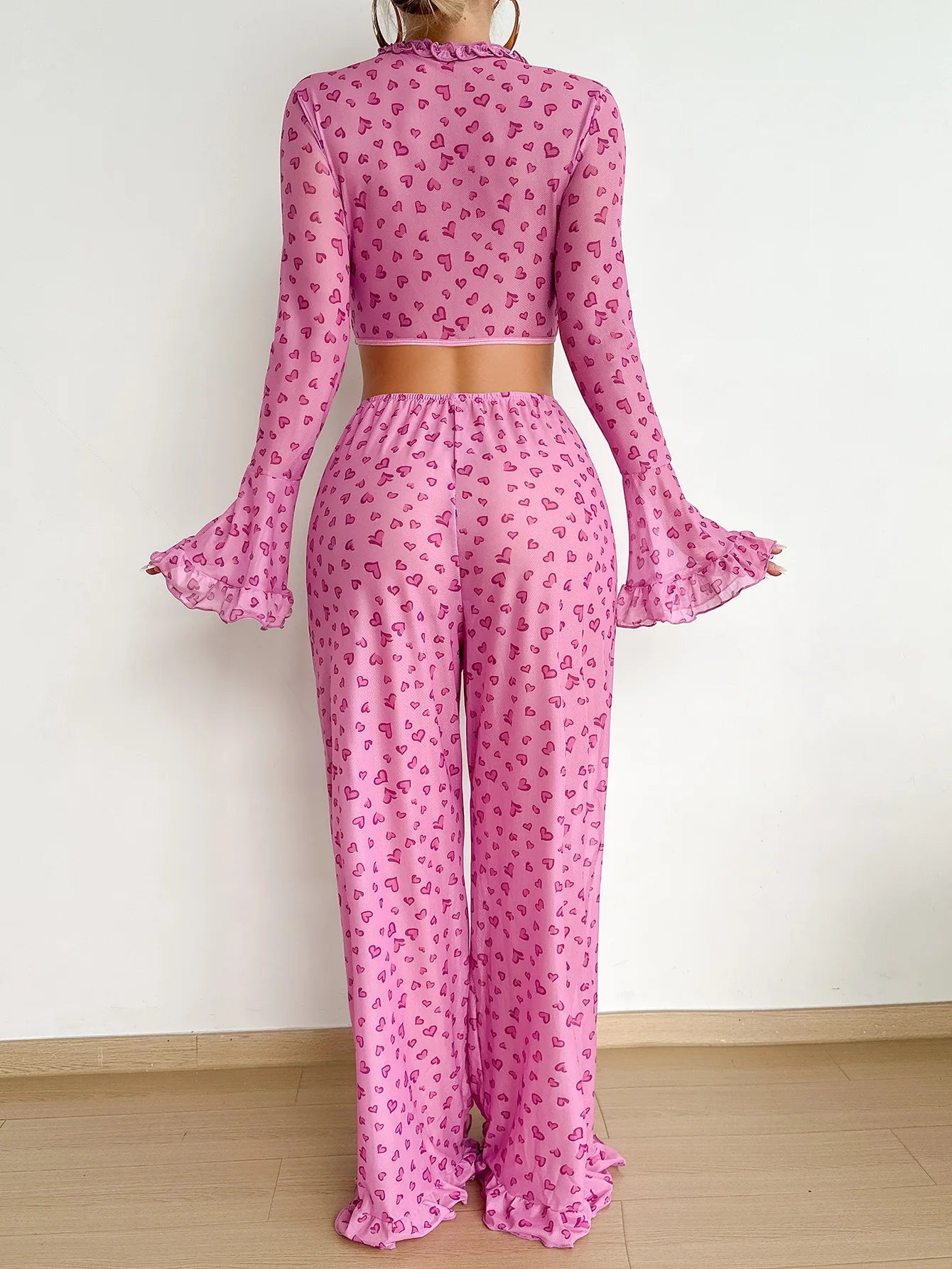 Sexy Lingerie Suit for Women Valentine's Day Passion Uniform Love Print Long-sleeved Trousers Pajamas Set Perspective