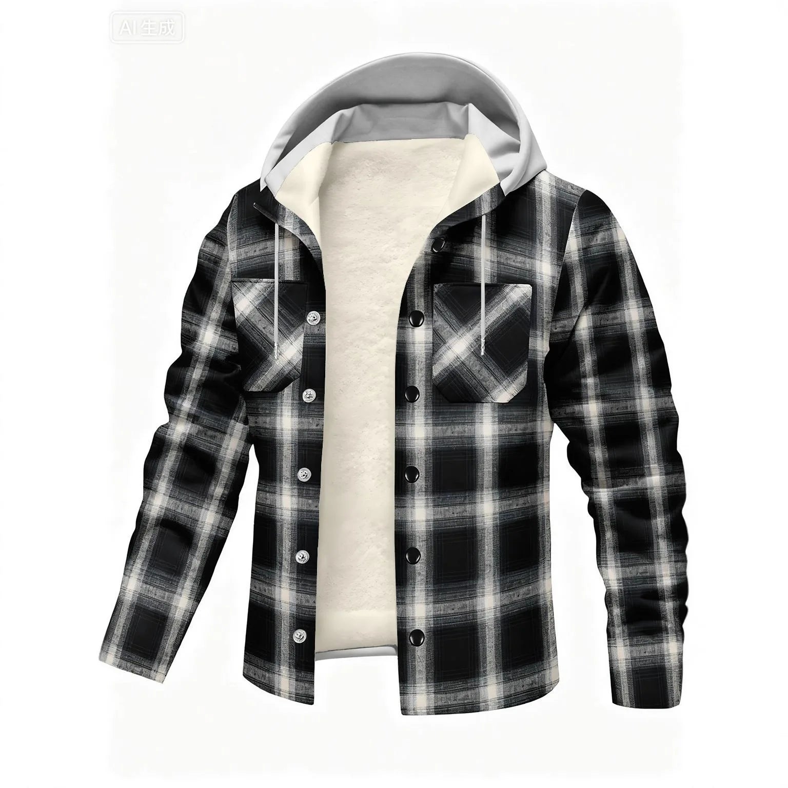 New style European-American men's casual outdoor jacket, cardigan, single-button, pocket, long-sleeved, hooded, checkered shirt