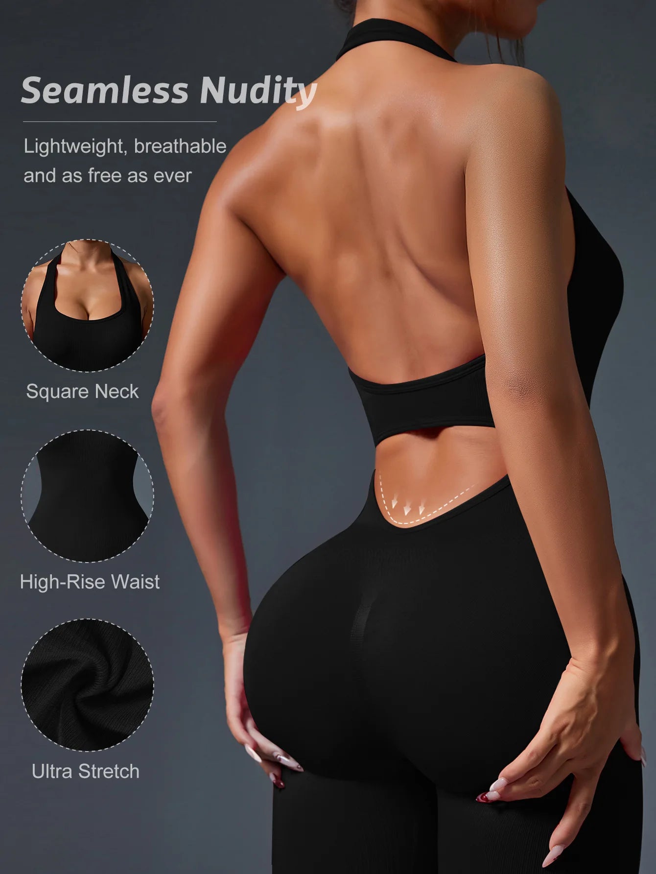 Square Neck Backless Yoga Jumpsuit High Waist Seamless Nudity Ultra Stretch Women Gym Sportswear Summer Rompers Ribbed Jumpsuit