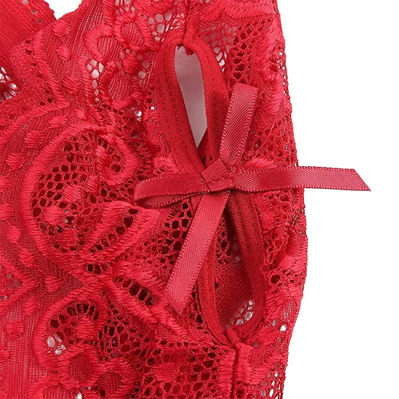 Transparent Sexy Lingerie Women's Pajamas Erotic Costume Lace Deep V Open Bra Crotchless Nightwear Female Porn Pajama Sets