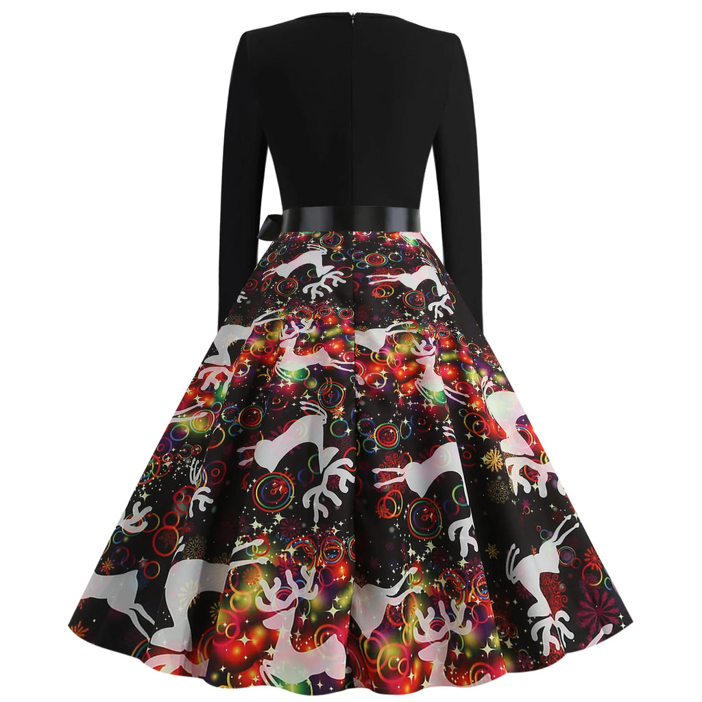 Elegant Digital Print Long Sleeve round Neck Dress with Belt Midi Skirt Large Swing Christmas Theme Cross-Border Knitted Fabric