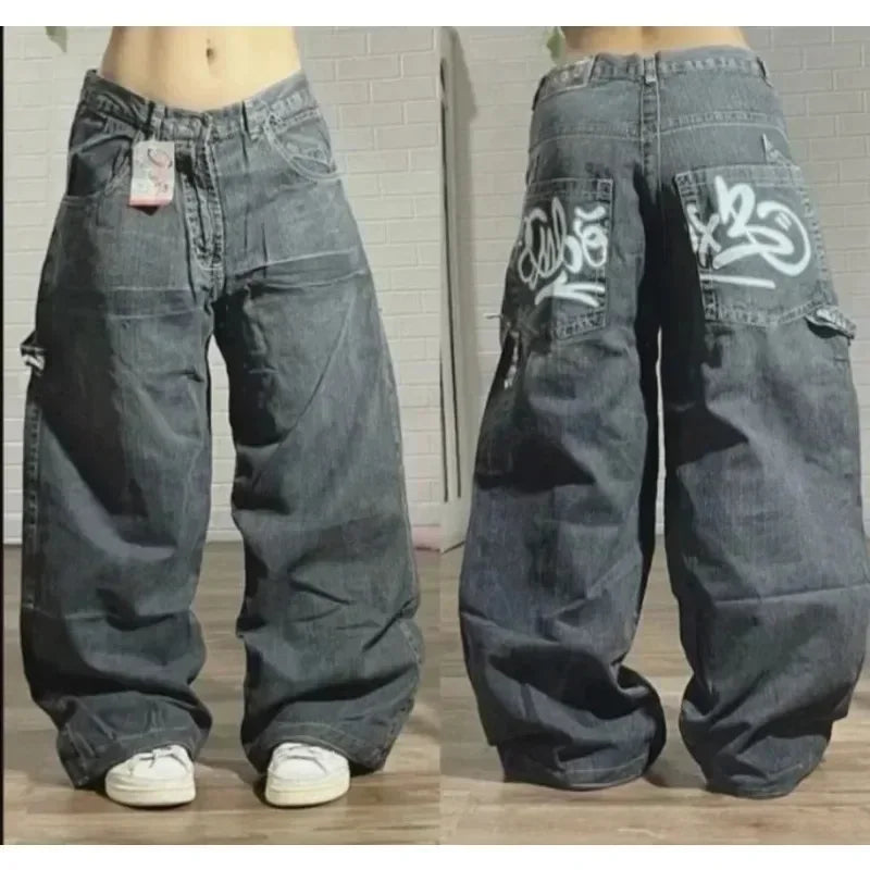 2024 New American hip-hop Vintage baggy jeans women's Harajuku high waist Y2K wide-leg pants Gothic wide pants Streetwear pants