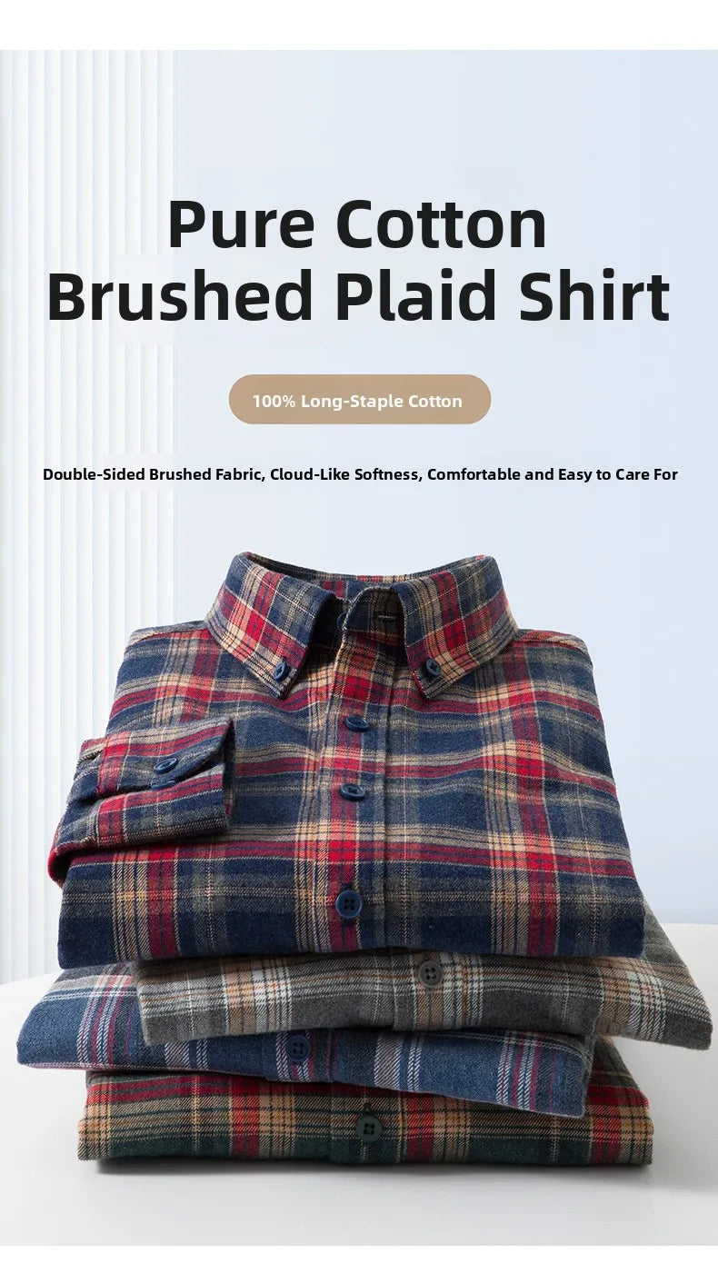 Men's Plaid Long Sleeve Shirt Fleece Finish Casual Style High End Feeling Autumn Winter Collection Fashionable Youth Urban Wear