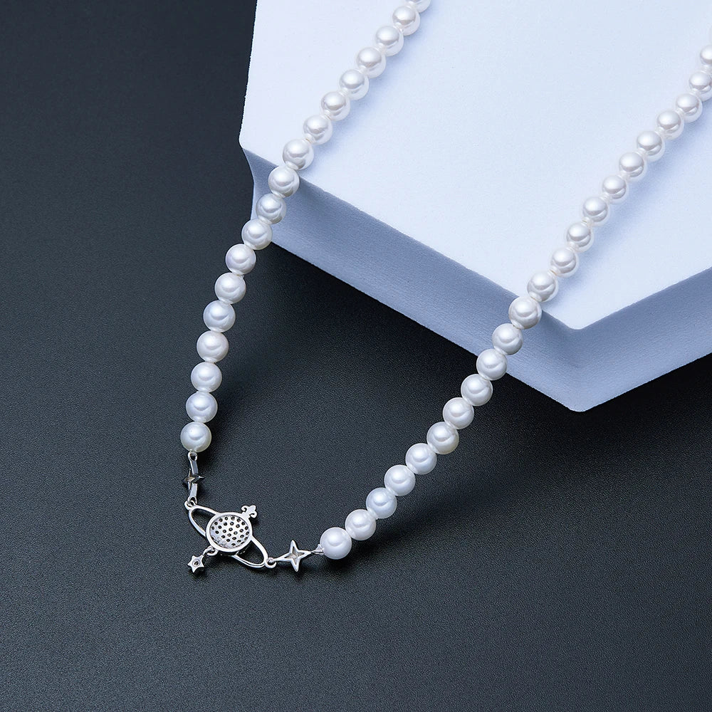 100% 925 Sterling Silver Pearl Shell Necklace Choker For Women Saturn Pearl Necklace Stereoscopic Saturn Pendant Pearls Choker