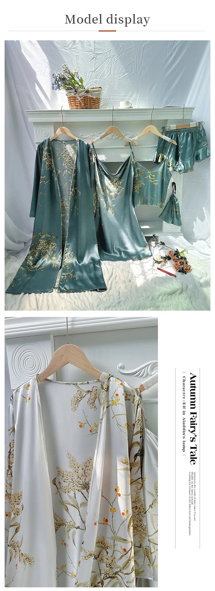 Women's Cherry Print Loungewear 5-Piece Set - Lightweight Robe, Camisole, Shorts & Dress (Minimalist Homewear Collection)