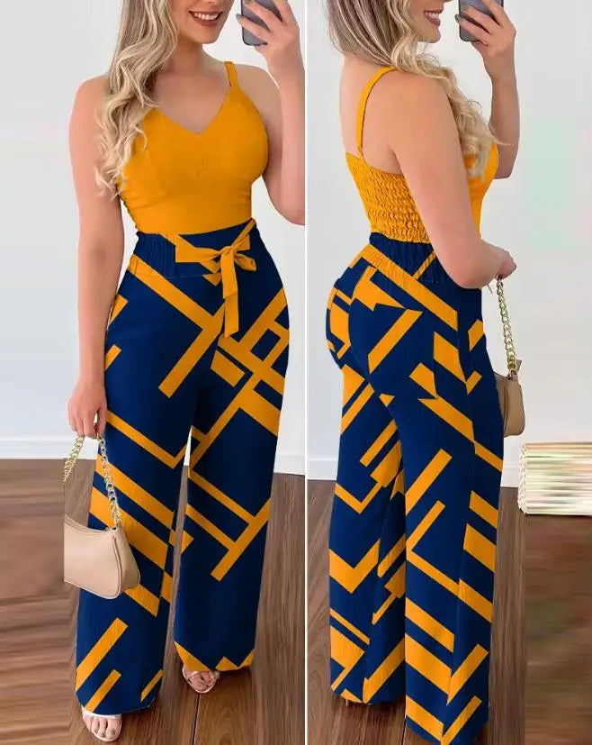 Women's Casual Summer Two-Piece Solid Color V-Neck Elastic Vest Top and High Waisted Pocket Tied Wide Leg Commuting Pants Set