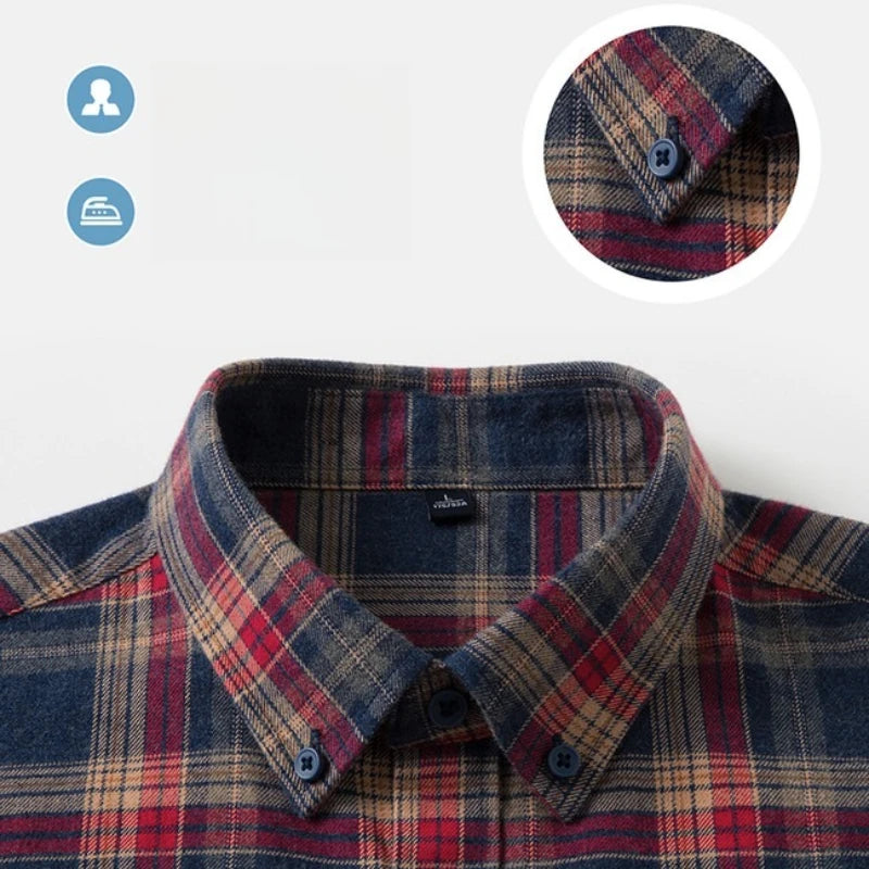 100% Cotton Flannel Shirt Men's, Plaid Casual Jacket, Anti-Wrinkle, Multi-Color Gold Quality Long-Staple Cotton M-4XL
