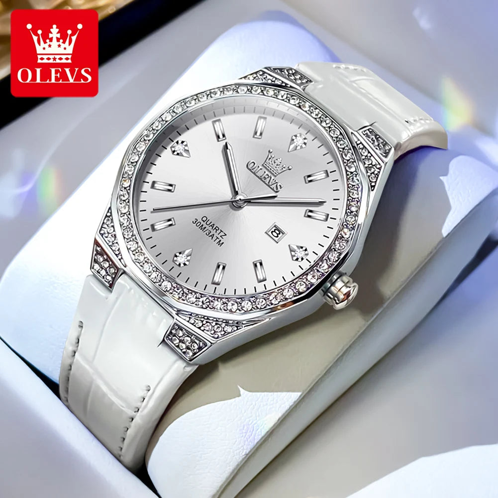 OLEVS NEW Women's Watches Pink Leather Strap Full Diamond New Style Date Waterproof Original Quartz Watch for Girl Fashion
