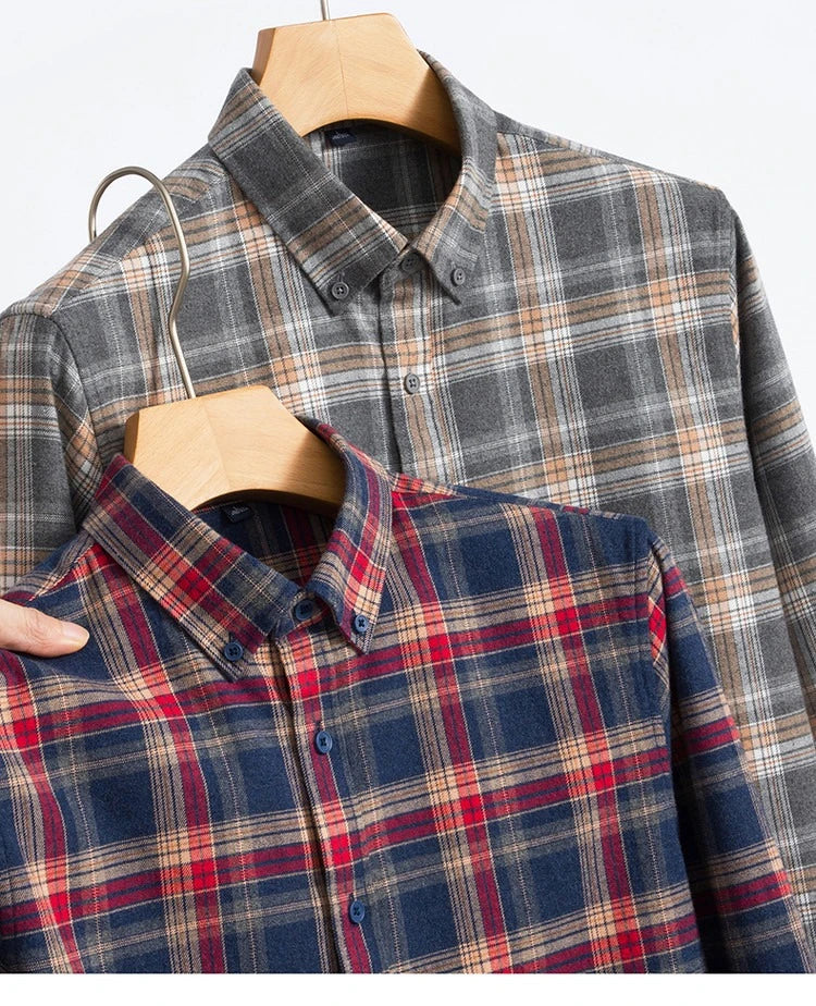 100% Cotton Flannel Shirt Men's, Plaid Casual Jacket, Anti-Wrinkle, Multi-Color Gold Quality Long-Staple Cotton M-4XL
