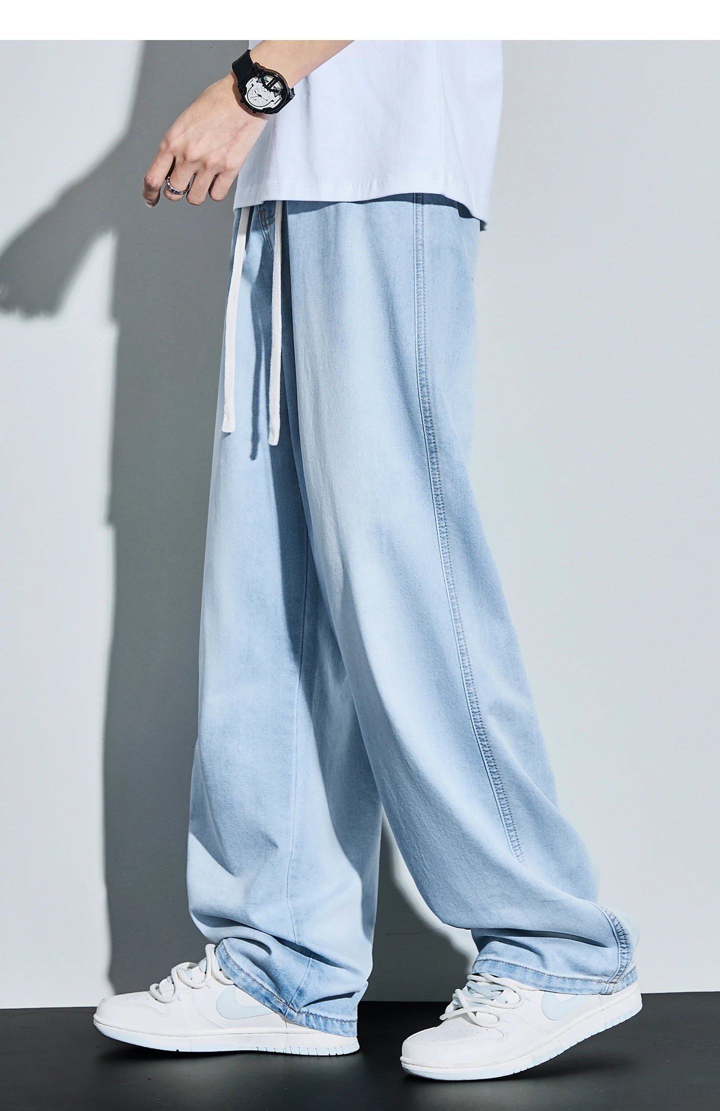 High Quality Spring Summer Lyocell Men's Jeans Baggy Straight Drawstring Streetwear High Street Trousers Male 7 Color
