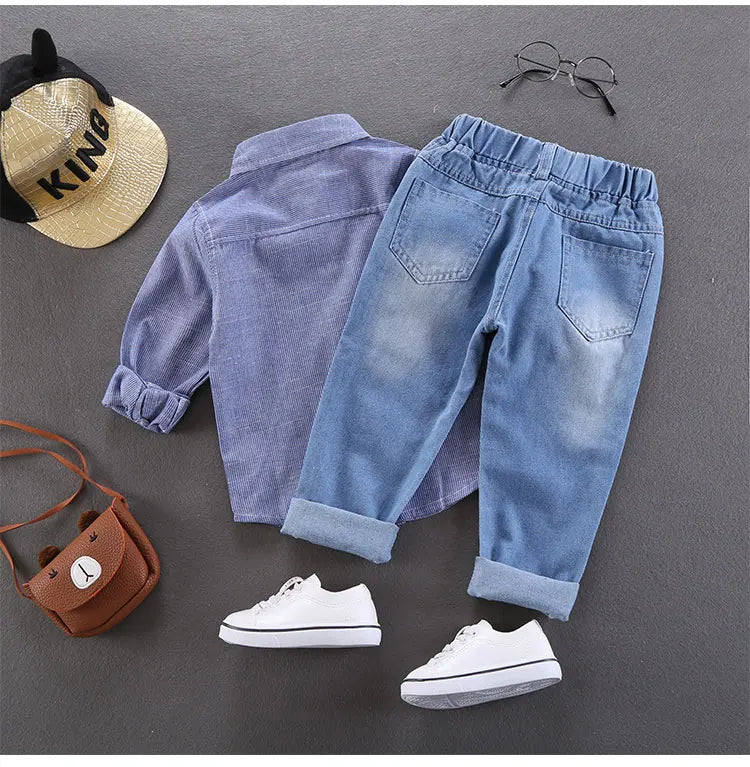 Children Jeans  Boys Cotton Print Splice Stretch Denim Pants Korean Teenage Trousers Wear Kids ClothingDenimRipped Spring Autum