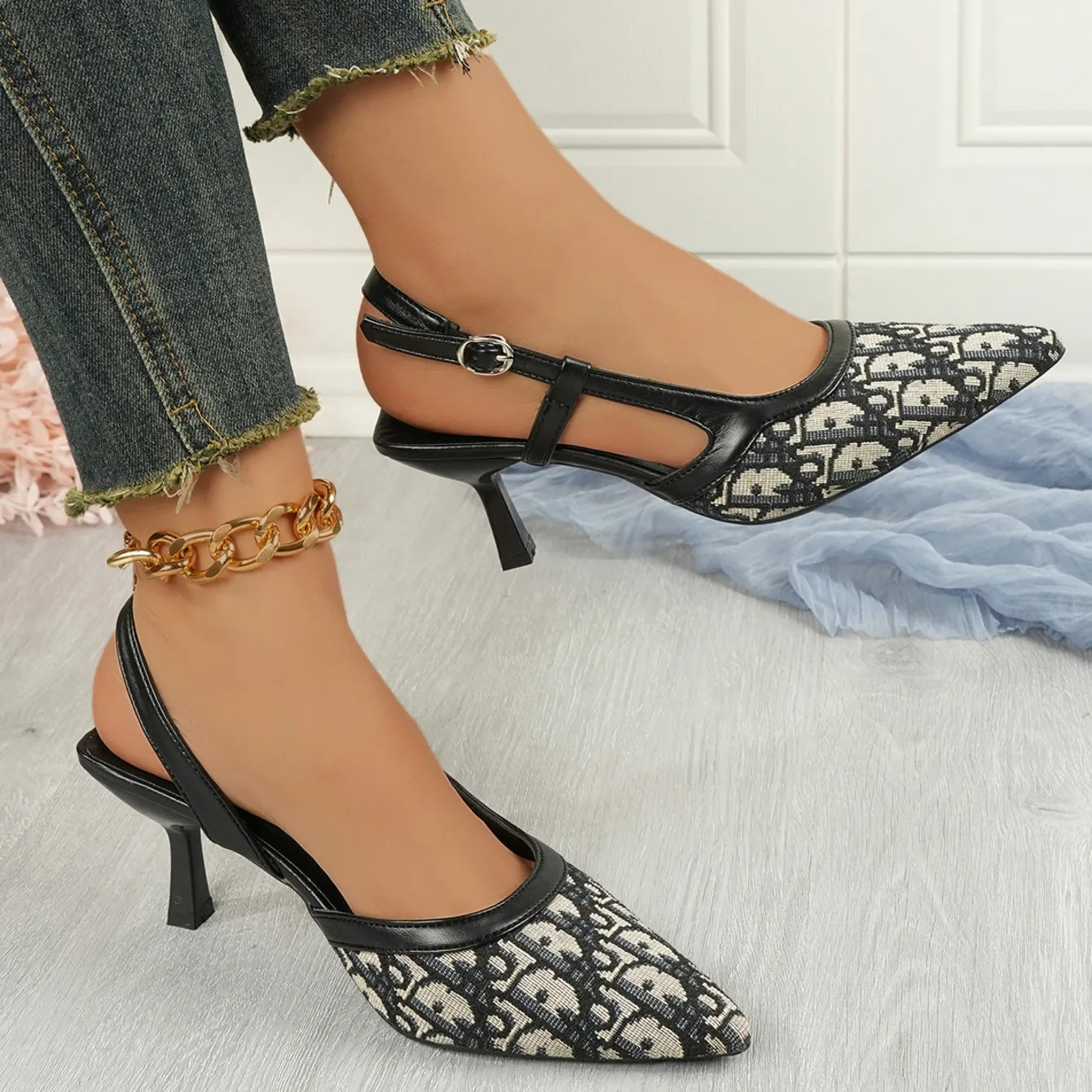 Women Sandals Satin Pointed Back Empty Women Shoes 2025 Summer One-word Buckle Sexy High Heels Women Sandalias Mujer Zapatos