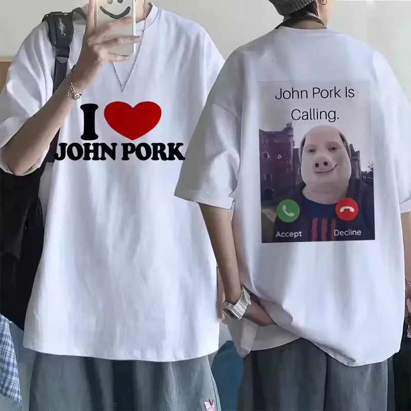 Funny John Pork Is Calling Answer Call Phone Tee Shirt for Men Women Pig Tops Tshirt Gothic Hip Hop T-shirt Streetwear Clothes