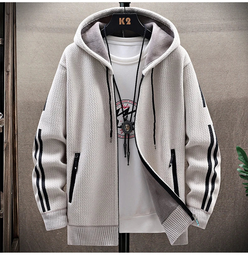 Mens Fashion Sweater Cardigan Fleece Lined Hood Sweaters Jacket Retro Sweaters Coat Zipper Up Knit Cardigans