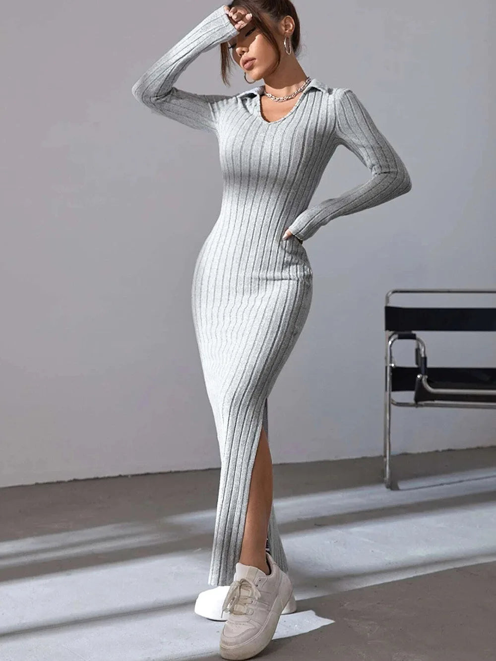 Spring and summer 2024 new style knitted slim lapel long sleeve dress pit strip solid color tight skirt