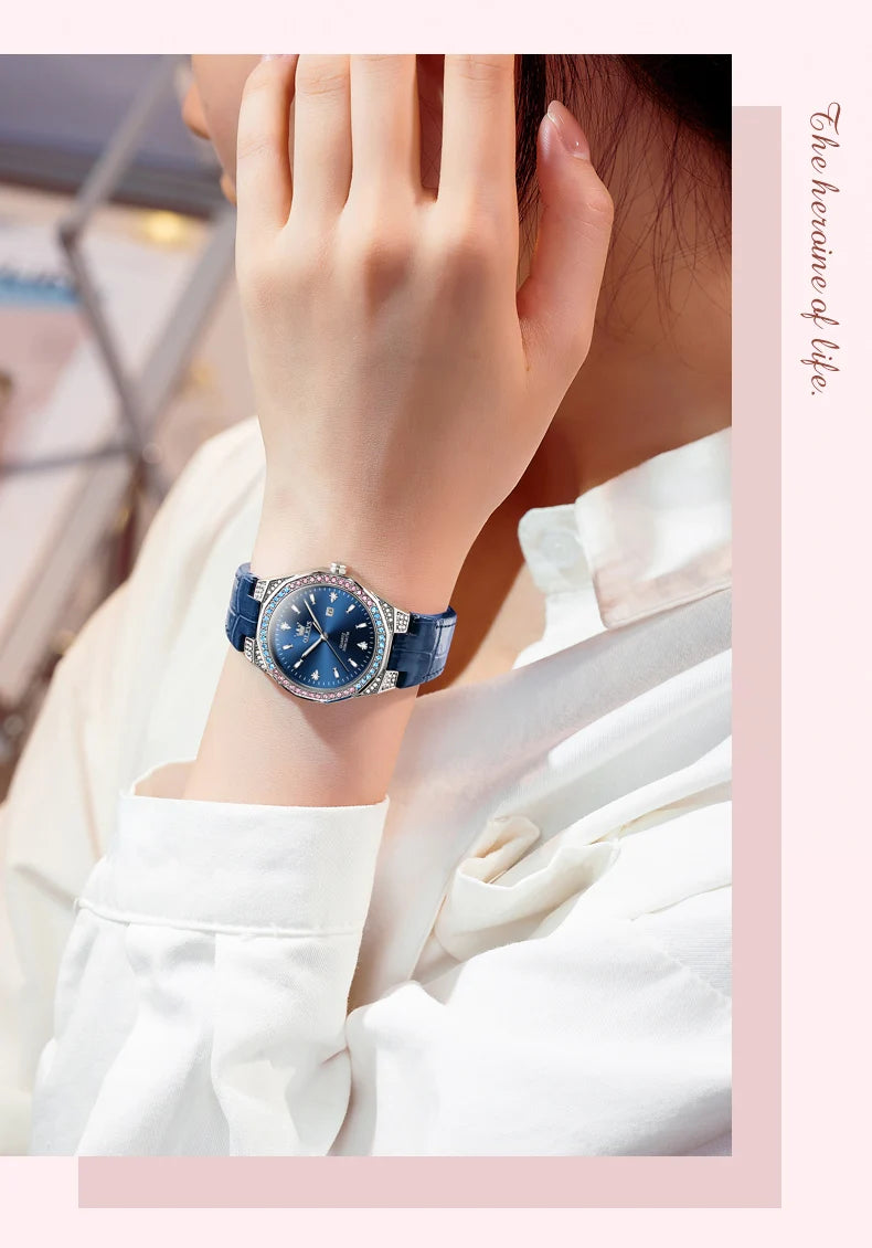 OLEVS NEW Women's Watches Pink Leather Strap Full Diamond New Style Date Waterproof Original Quartz Watch for Girl Fashion