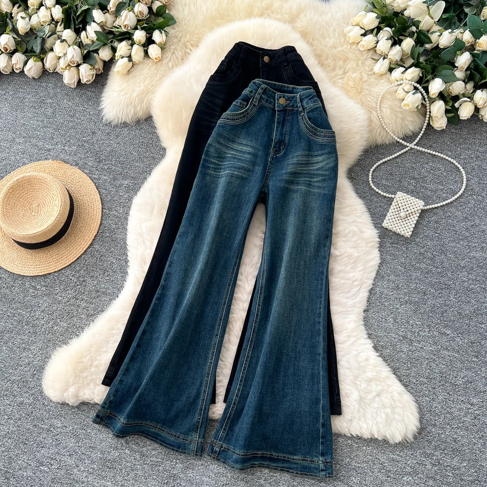 SINGREINY Female Do Old Vintage Jeans Zipper Casual Trendy Street Long Pants Chic High Waist Classic Versatile Boot Cut Trousers