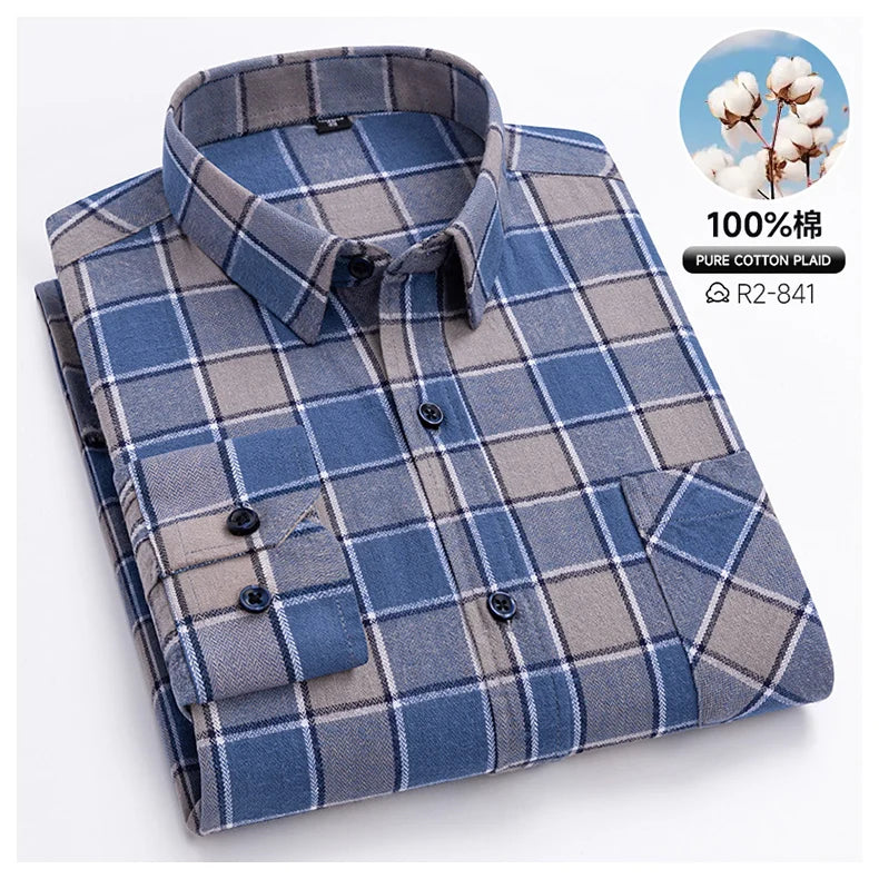 Pure Cotton Men's Plaid Shirts Long Sleeved Regular Fit Casual Office Fashion Shirts Leisure Autumn Male Check Blouses Plus Size