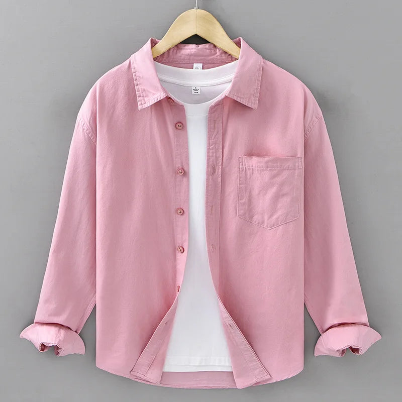 Basic Men's Long-Sleeve Cotton Shirt - Casual and Versatile Spring Style 100% Cotton Solid Color Casual Shirt