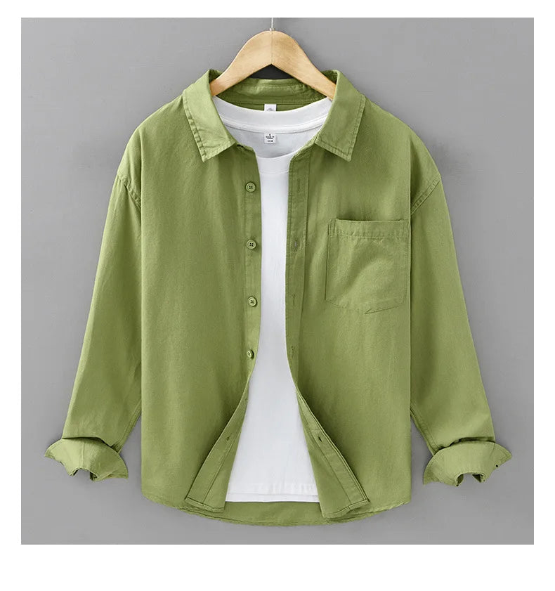 Basic Men's Long-Sleeve Cotton Shirt - Casual and Versatile Spring Style 100% Cotton Solid Color Casual Shirt