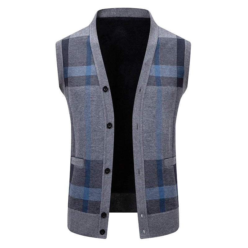 New Mens Fleece Knitted Vest Sleeveless Autumn Winter V Neck Sweater Vest Button Front Knit Cardigan Vest