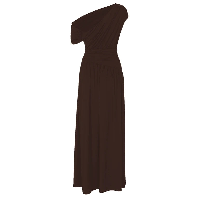 Hugcitar One Shoulder Ruched Sleeveless Solid Pleated Sexy Irregular Y2K Maxi Dress Summer Elegant Party Women Clothes Vacation