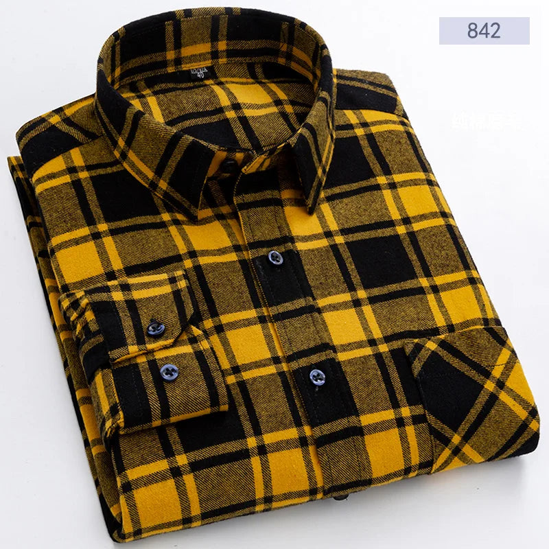 Cotton Flannel Mens Checkered Shirts Long Sleeve Soft Plaid Shirt for Men Leisure Classical Vintage Comfortable Man Clothing New