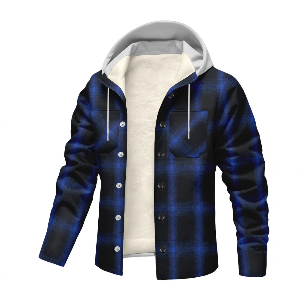 New style European-American men's casual outdoor jacket, cardigan, single-button, pocket, long-sleeved, hooded, checkered shirt