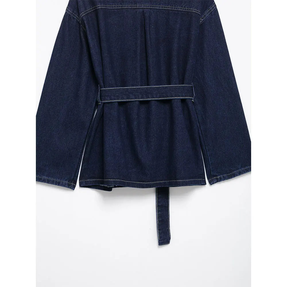 DUOPERI Women Fashion 2 Pieces Sets With Belt Denim  Jackets & Vintage Front Zipper Jeans Trousers Feamle Chic Lady Pants Sets