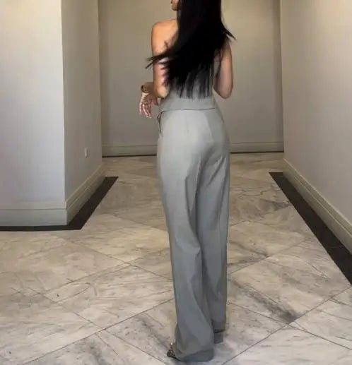 Summer Solid Color Lapel Sleeveless Button Up Vest and High Waisted Straight Leg Pants Set for Women's Fashionable Commuting Set