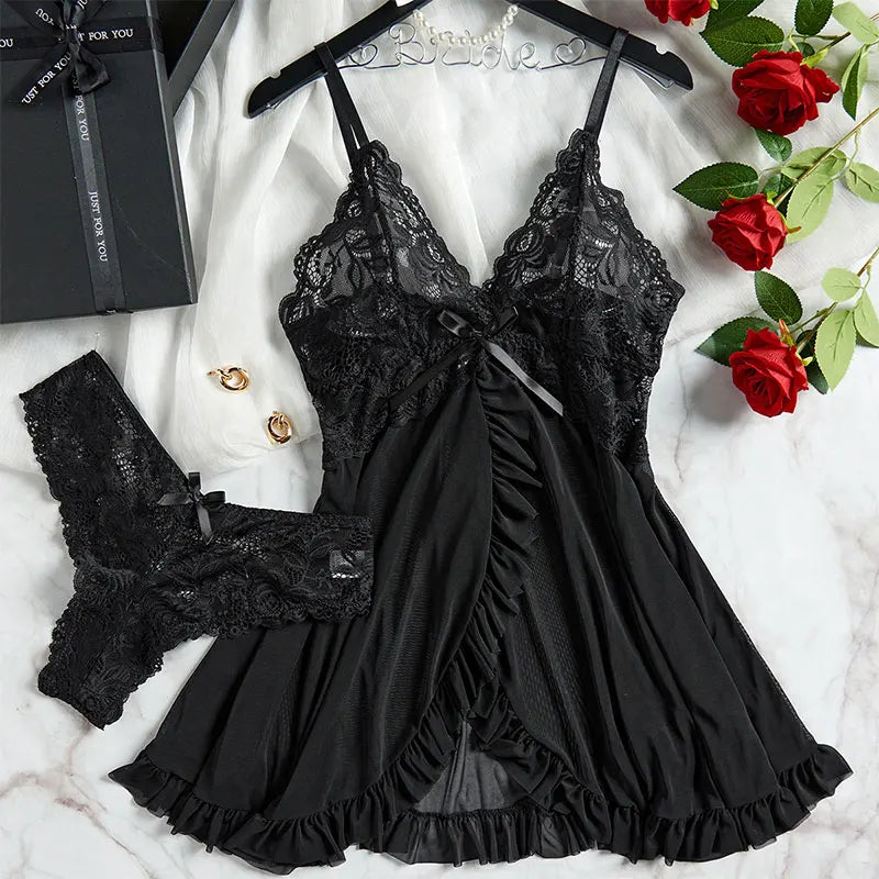 Suspender Suit Summer Ultra-thin Nightgown Lace Thong Sets Women's Sexy Pyjamas Lingerie Hot Night Dress Comfortable Sleepwear
