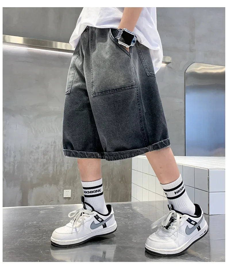 Boys Summer Denim Five-point Pants Kids Fashion Gradient Color Denim Shorts Trousers Teen Casual Jeans Children's Clothing