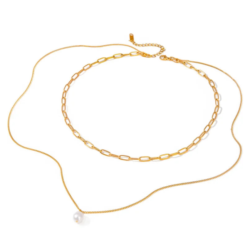 18K Gold Plated Non-Tarnishing Women's Stainless Steel Pearl NecklaceinsFashionable Simple Double Layer Stacked Long Chain Titan