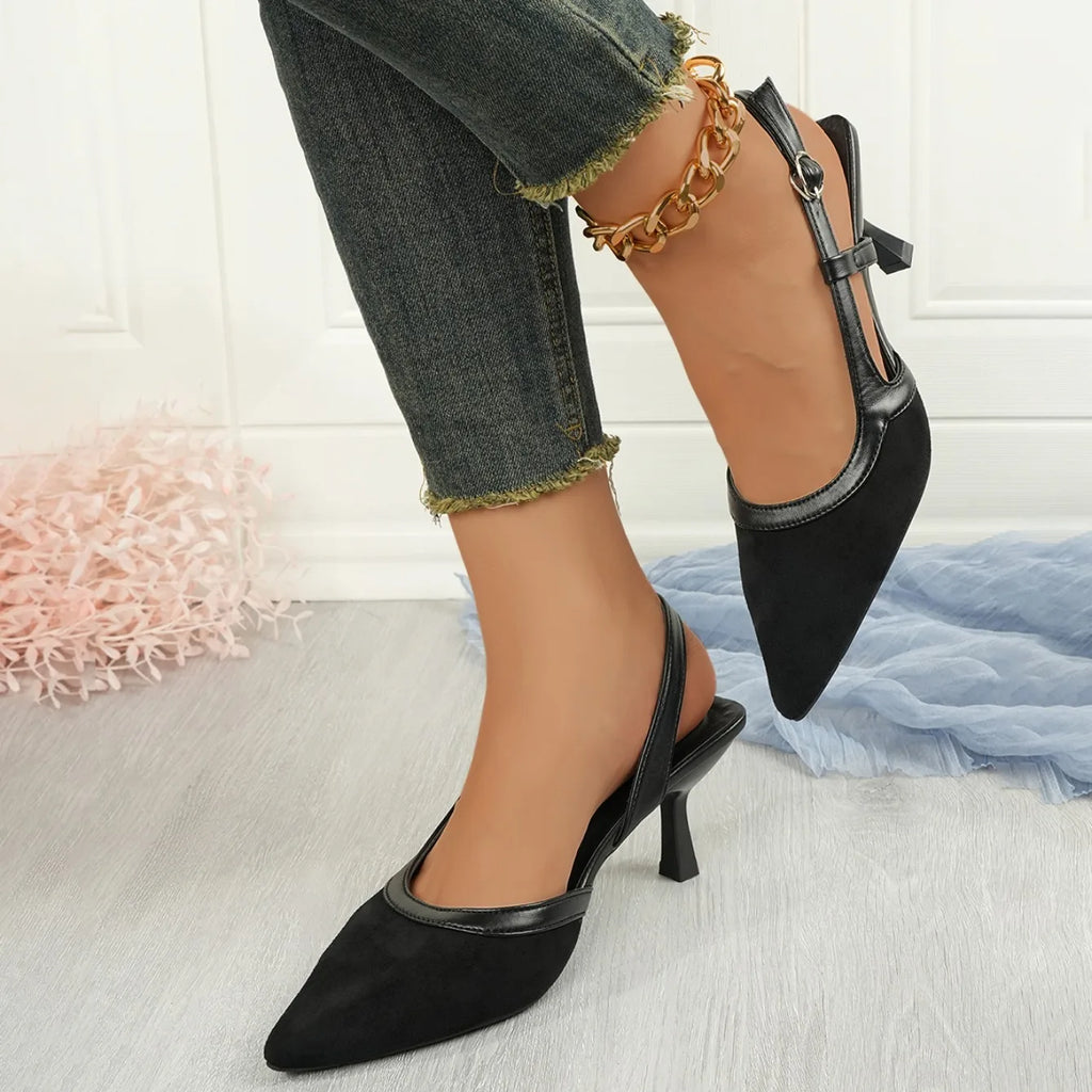 Women Sandals Satin Pointed Back Empty Women Shoes 2025 Summer One-word Buckle Sexy High Heels Women Sandalias Mujer Zapatos