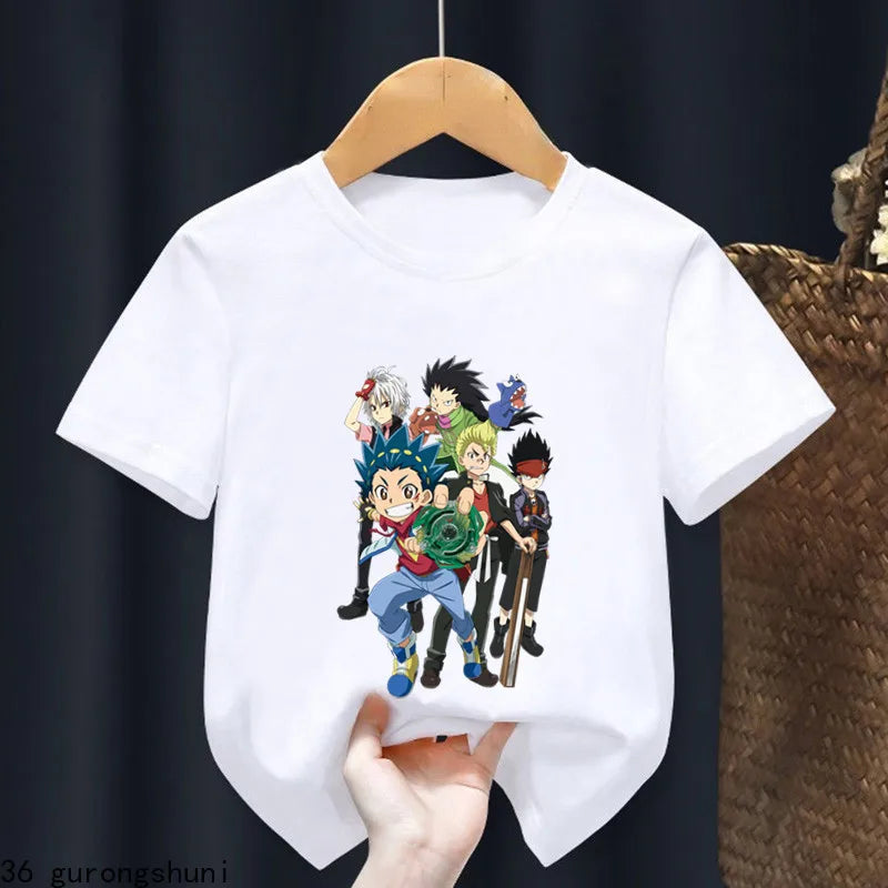 2024 Beyblade Burst Evolution Print Kids T Shirt Girls Summer Tops Baby Boys Clothes Cartoon Children Short Sleeve T-shirt