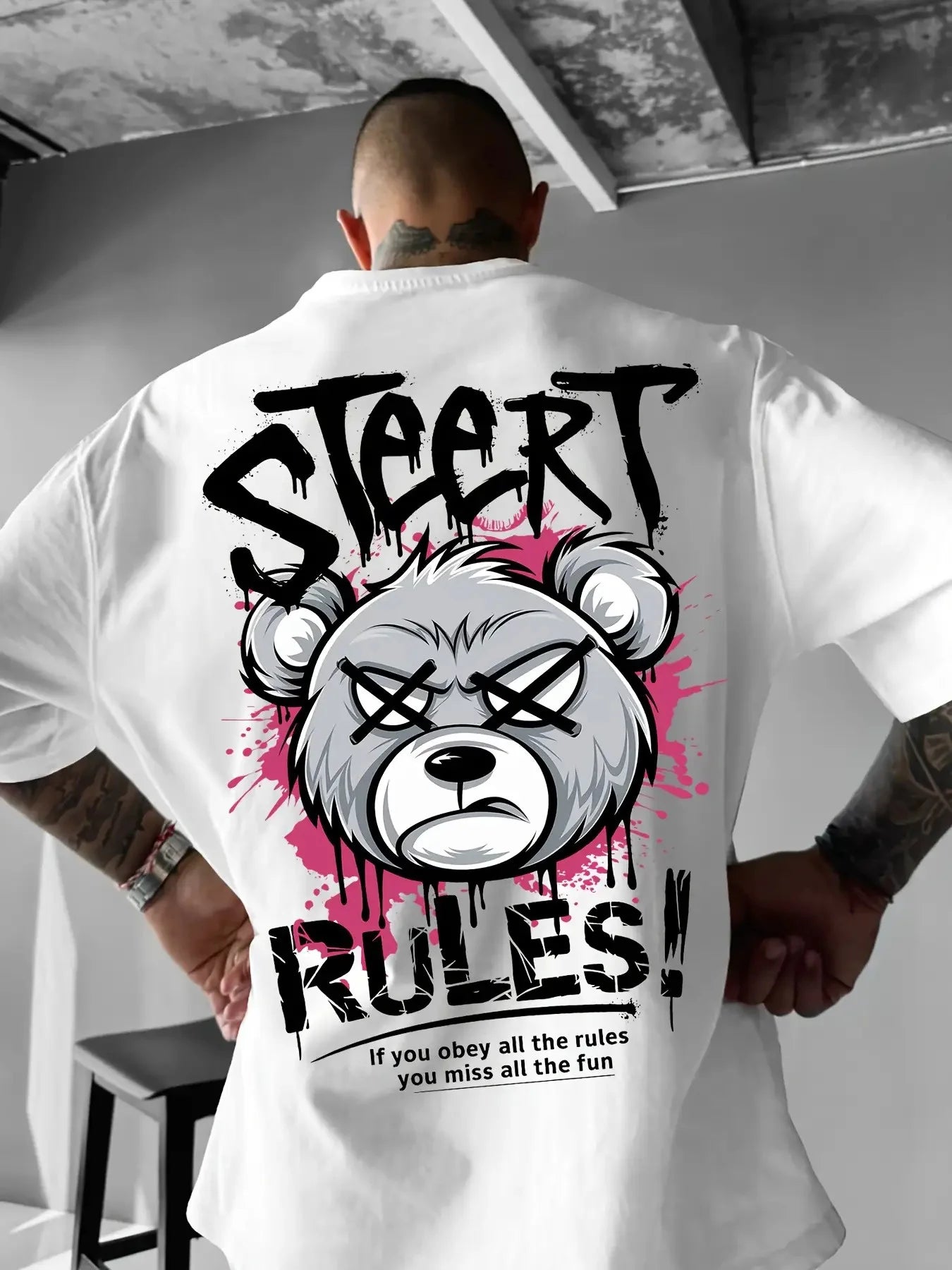 Summer Men's New Angry Bear Letter Printed Comfortable and Breathable Round Neck T-shirt Outdoor Street Versatile Top