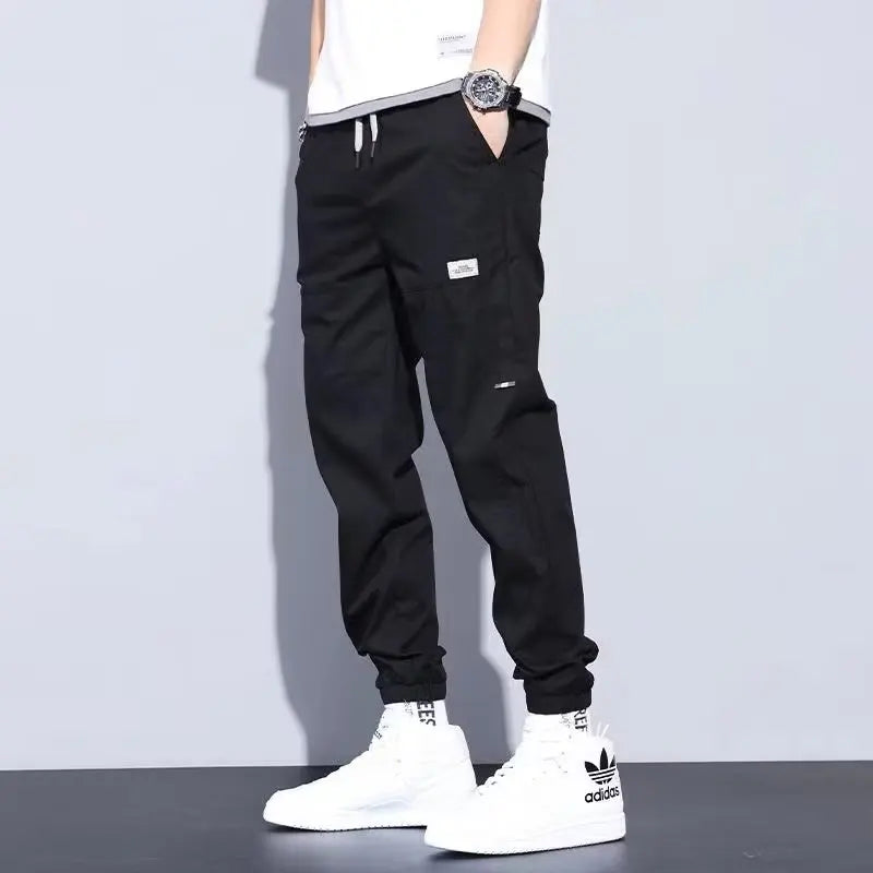 Men's Ice Silk Casual Pants Summer Thin Loose Harlan Nine-Point Trousers Trendy Sports Tools with Tied Feet forVersatile Style