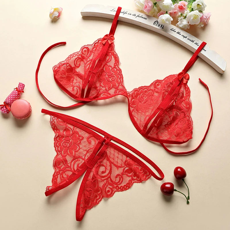 Sexy Women's Pajamas Set Bra And Thong Garters 3pcs Sheer Lingerie Sets Lace Embroidery Night Clothes Set Female Sexy Nightwear