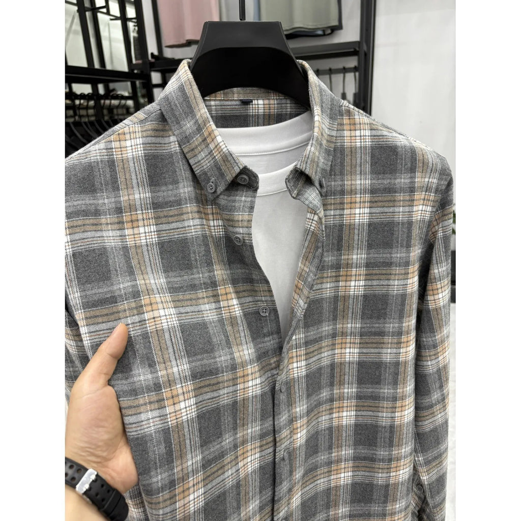 New 2025 Men's Long Sleeve Cotton Shirt Fleece Business Casual Easy Care Youth Outerwear Top Polyester Fiber Cool Sensation