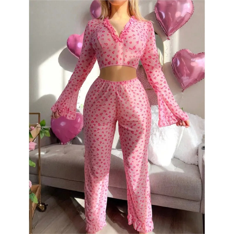 Sexy Lingerie Suit for Women Valentine's Day Passion Uniform Love Print Long-sleeved Trousers Pajamas Set Perspective