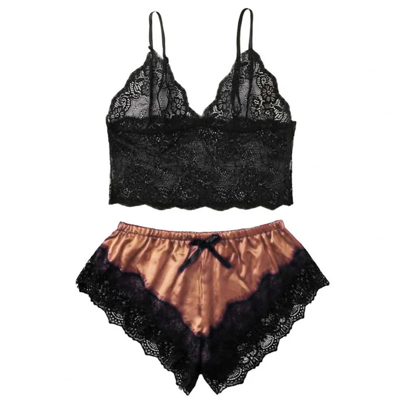 Women's 2 Piece Sexy Lace Pajama Set See-through Bralette Cami Top And Shorts Breathable Sleepwear Plus Size Summer Lingerie