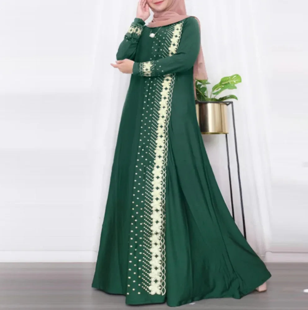 Elegant Muslim Long Sleeve Loose Dress Southeast Asia Positioning Print Fashionable 2025 New Style Elegant Midi Dress