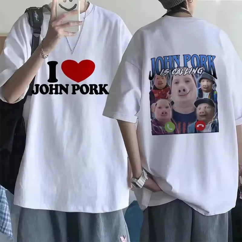 Funny John Pork Is Calling Answer Call Phone Tee Shirt for Men Women Pig Tops Tshirt Gothic Hip Hop T-shirt Streetwear Clothes