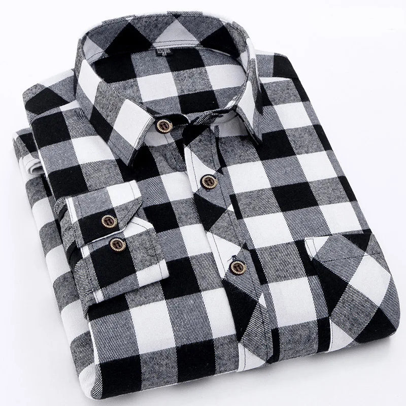 Plus Size M-5XL Men's Western Style Plaid Long Sleeve Shirt, Brushed Flannel Fabric, Loose Fit Casual Wear